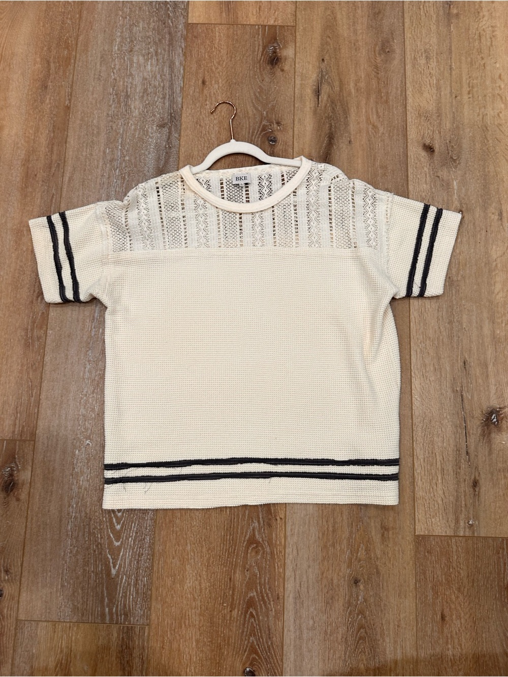 BKE Cream Short-Sleeve Knit Top with Black Stripes